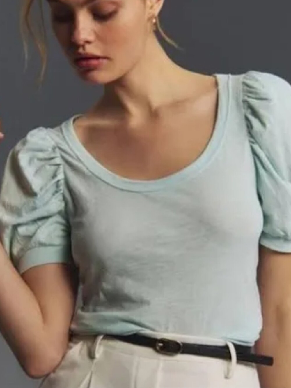 Loft Scoop Neck Puff Sleeve Light Blue Top